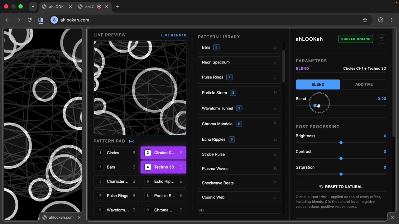 The ahLOOKah blend controls showing Blend and Additive modes with a blend slider
