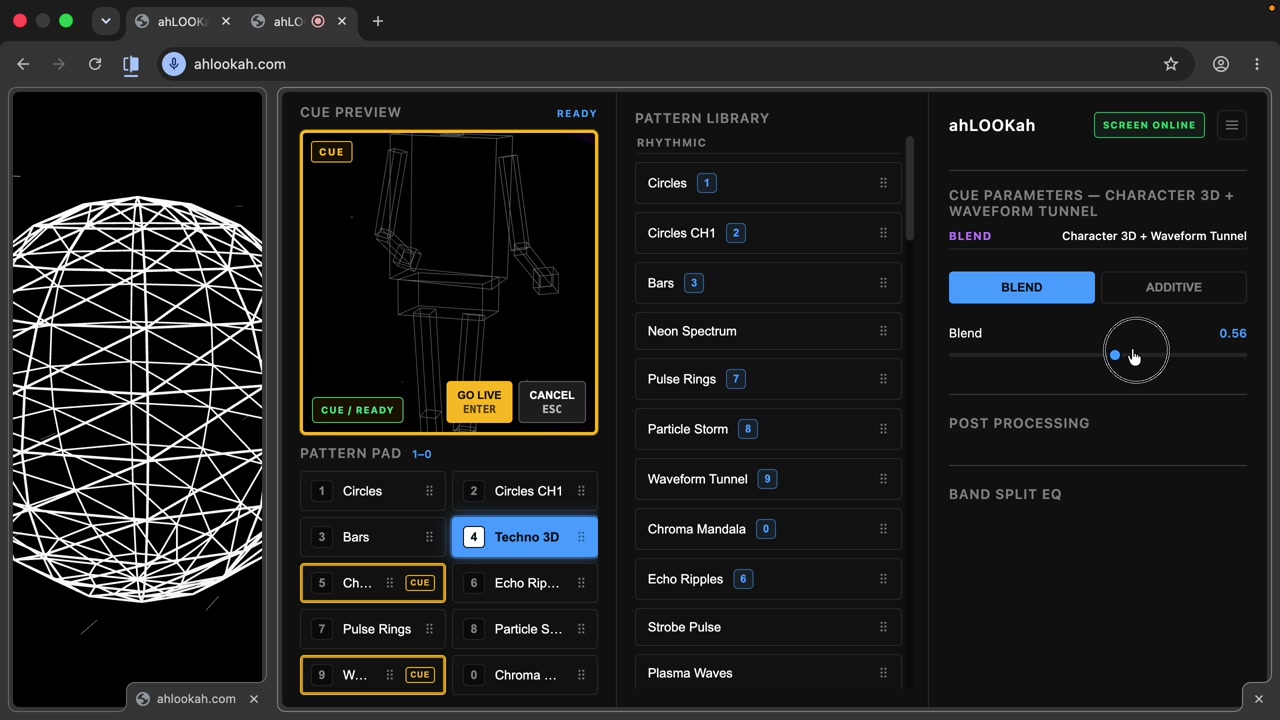 The ahLOOKah cue preview staging a two-pattern blend with blend mode controls