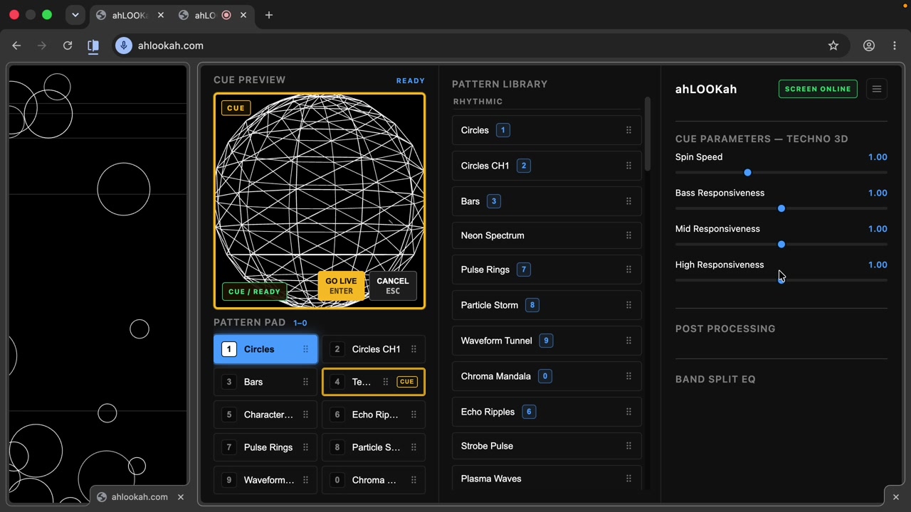 The ahLOOKah cue preview showing an amber CUE badge with GO LIVE and CANCEL buttons