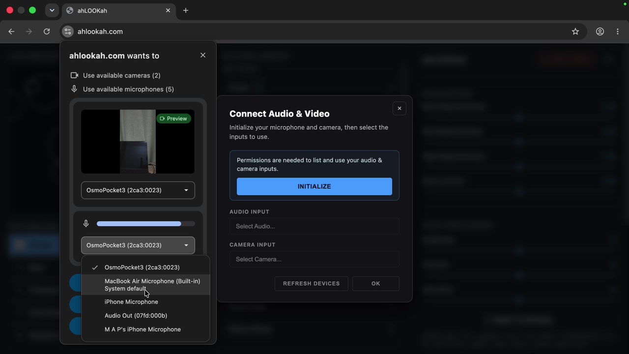 The ahLOOKah device setup dialog showing microphone and camera selection
