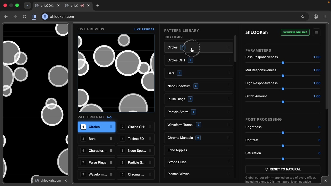 The ahLOOKah control panel showing the live preview, pattern pad, pattern library, and parameter sliders