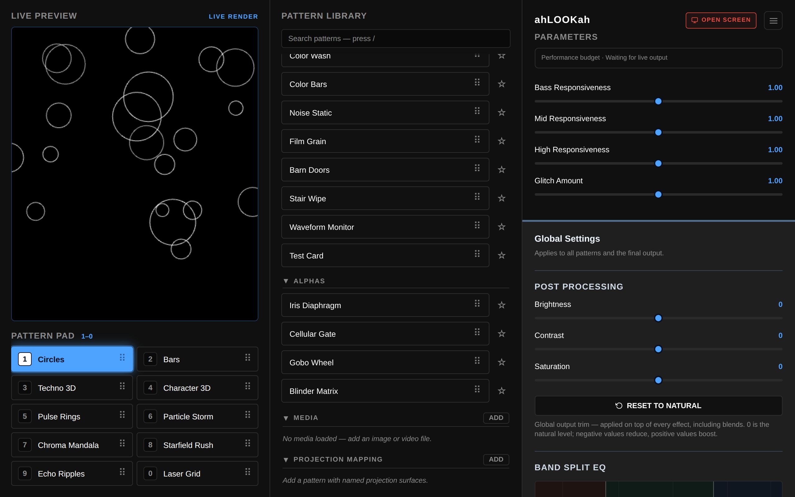 The Media group in the ahLOOKah pattern library with its ADD button and the message No media loaded
