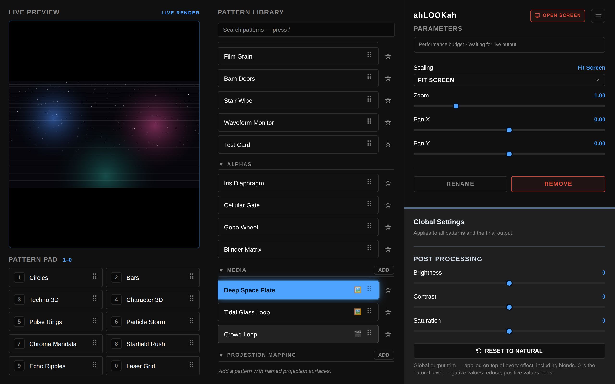 The ahLOOKah control panel with three media patterns loaded in the Media group, the selected image playing in the live preview, and its framing controls in the parameters panel