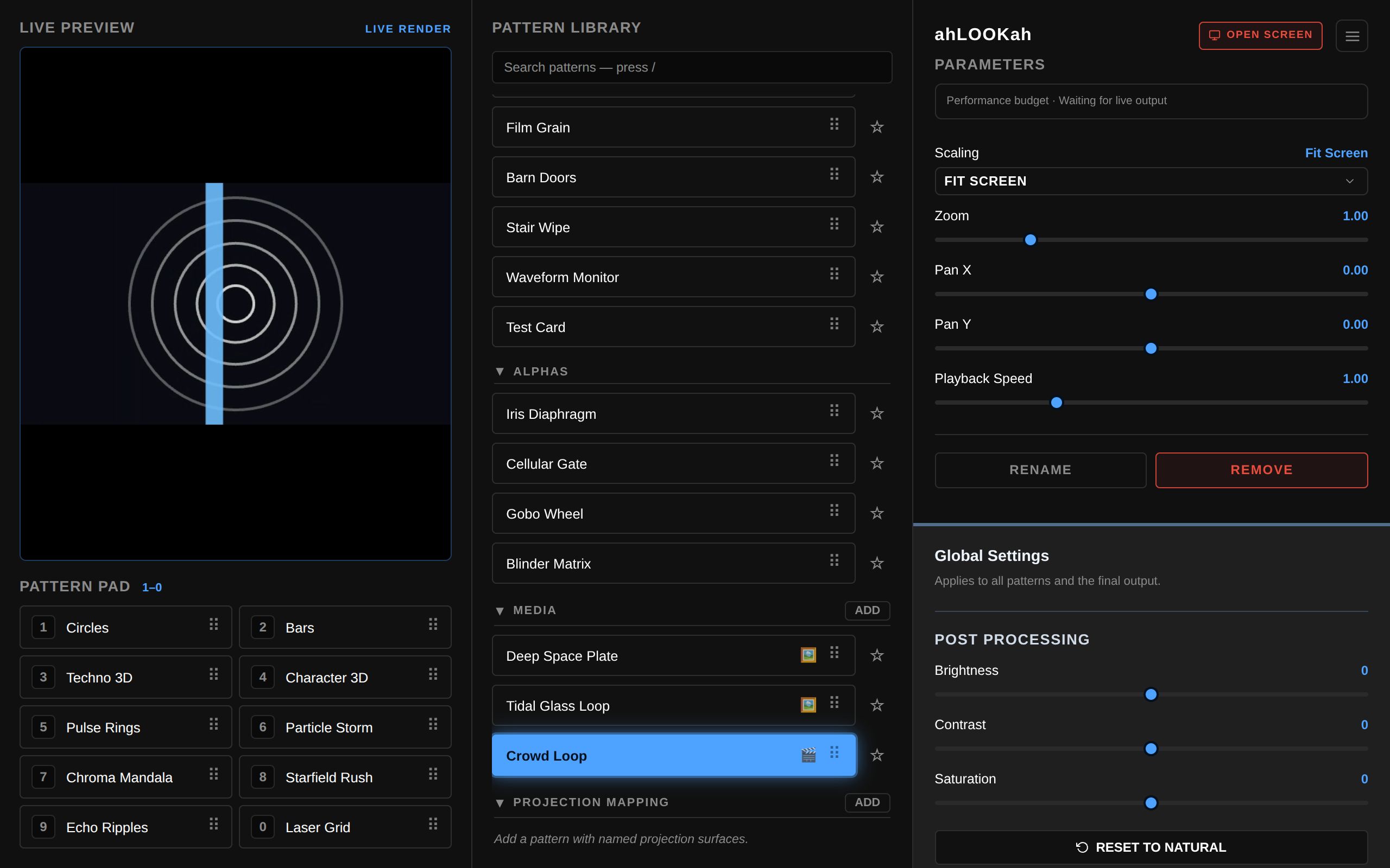 The ahLOOKah control panel with a video media pattern selected, showing Scaling, Zoom, Pan X, Pan Y and Playback Speed in the parameters panel