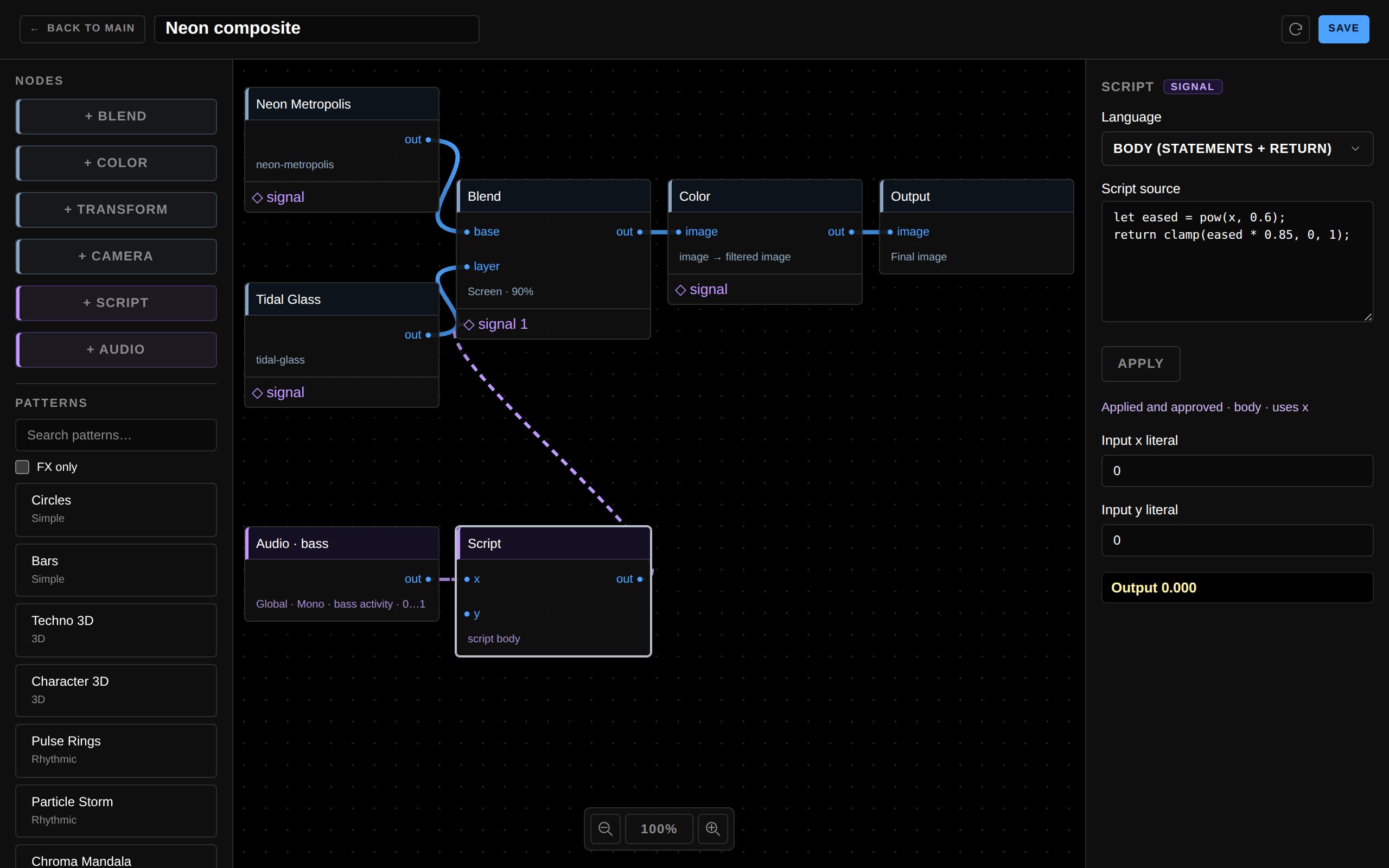 The ahLOOKah node editor: a palette of nodes and patterns on the left, a graph of pattern, blend, colour and script nodes wired to an output node in the middle, and the inspector on the right showing the selected Script node