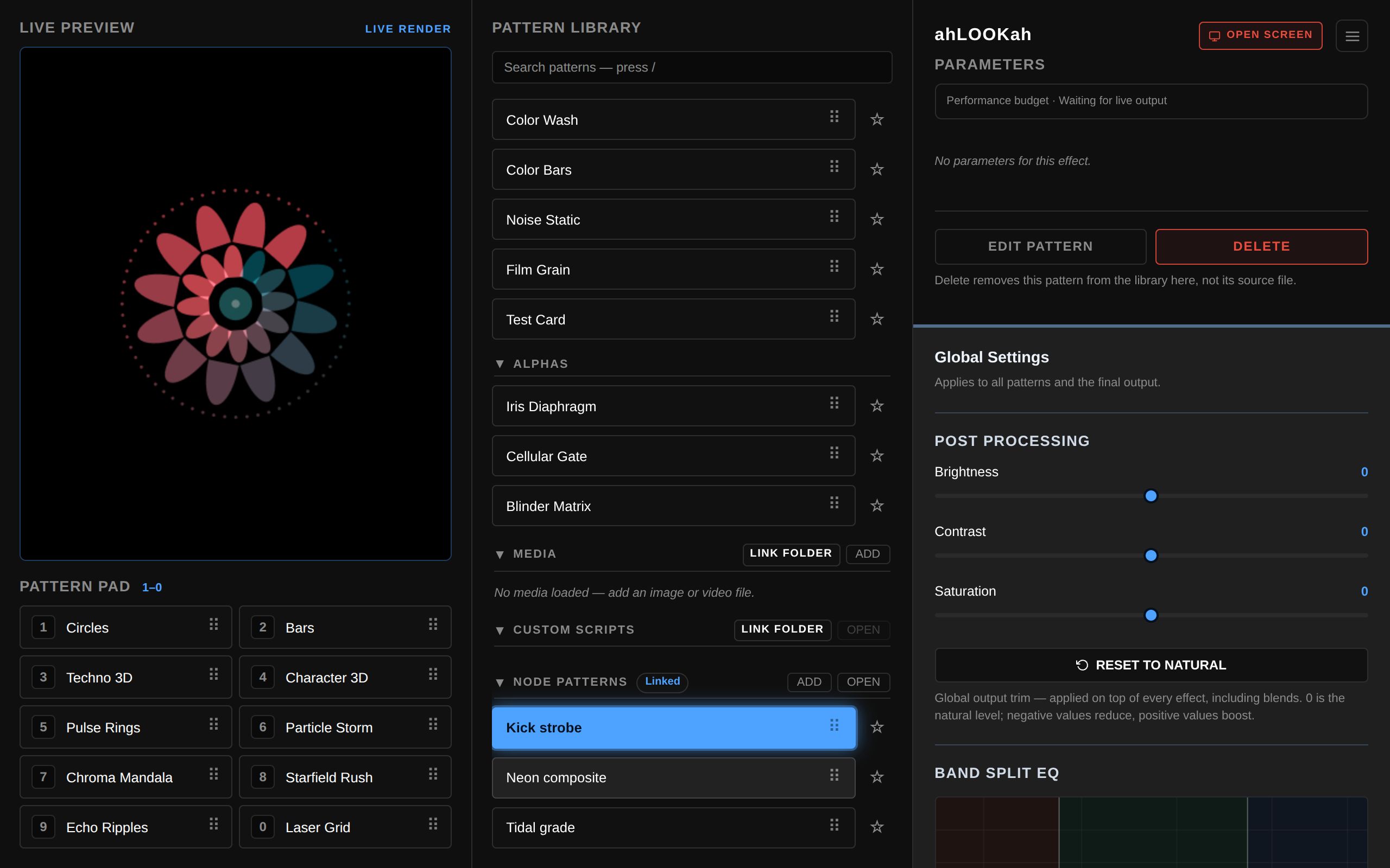The Node Patterns group in the ahLOOKah pattern library with a Linked badge, ADD and OPEN buttons, and three saved node patterns listed