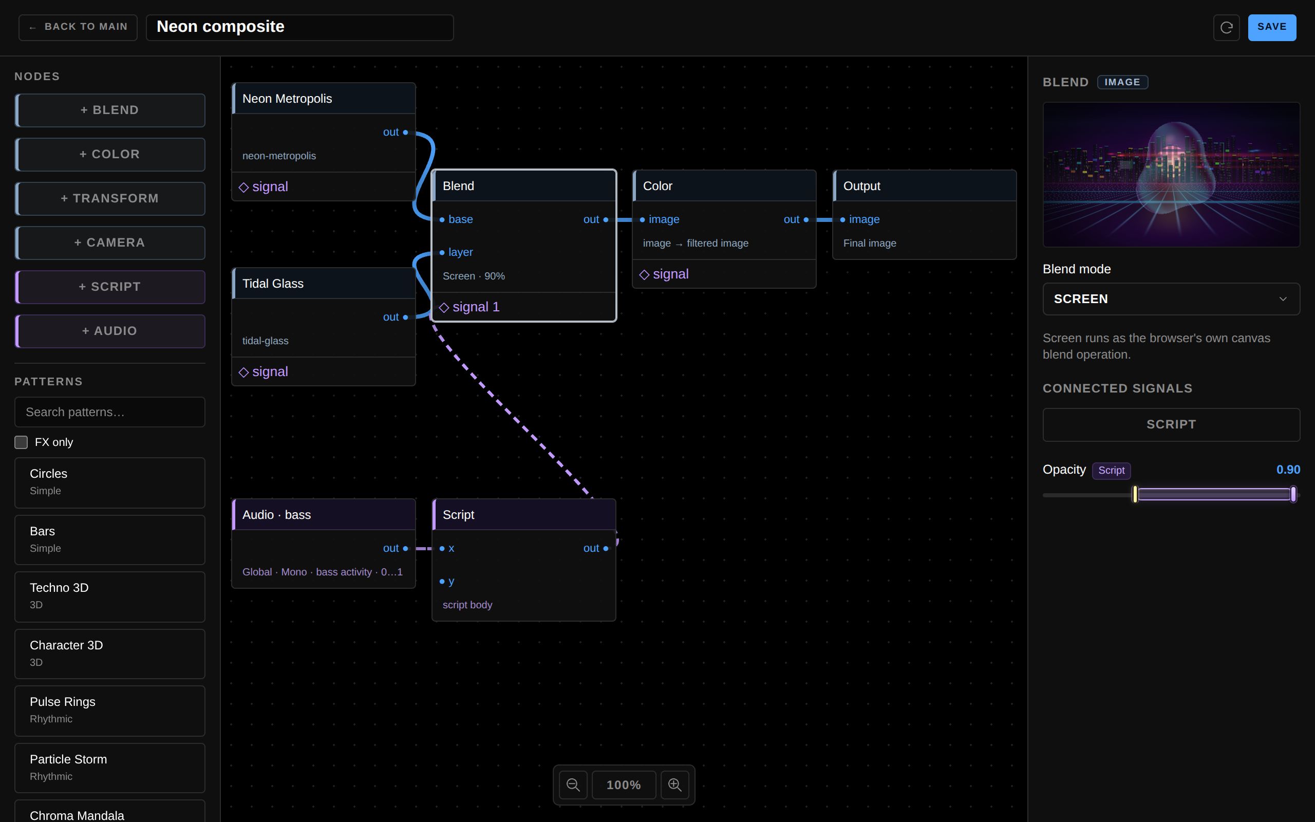 The node editor with the Blend node selected: the Opacity slider carries a violet mapping overlay, a LIVE marker showing the value coming from the Script node, and a signal pill naming the source