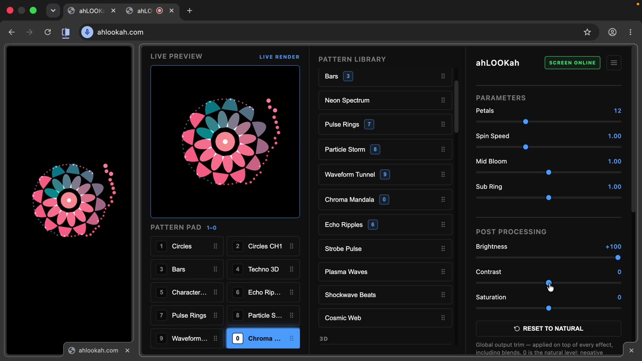 The ahLOOKah post-processing section with brightness, contrast, and saturation sliders