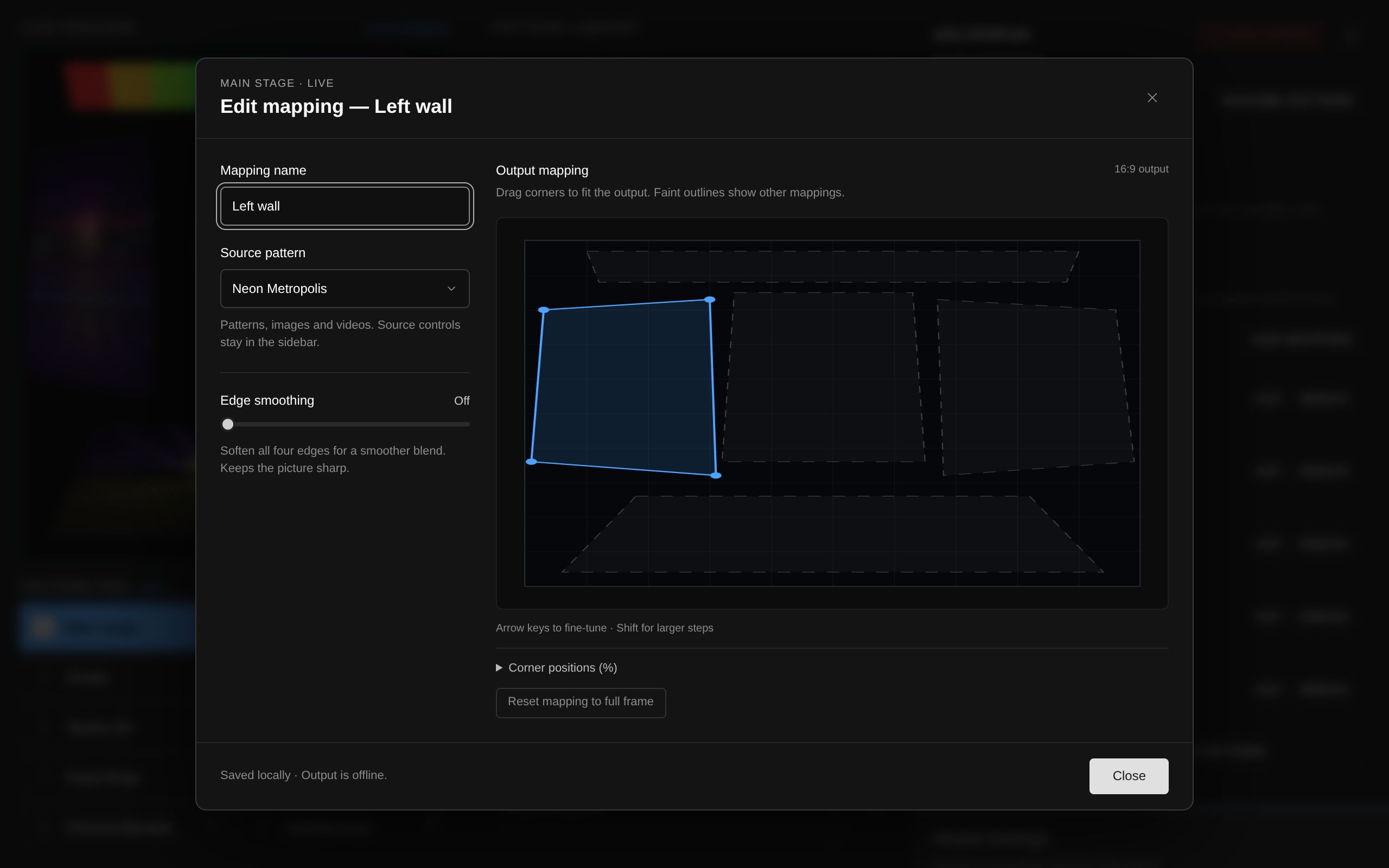 The ahLOOKah mapping editor showing Mapping name, Source pattern, Edge smoothing, and the Output mapping canvas with corner handles