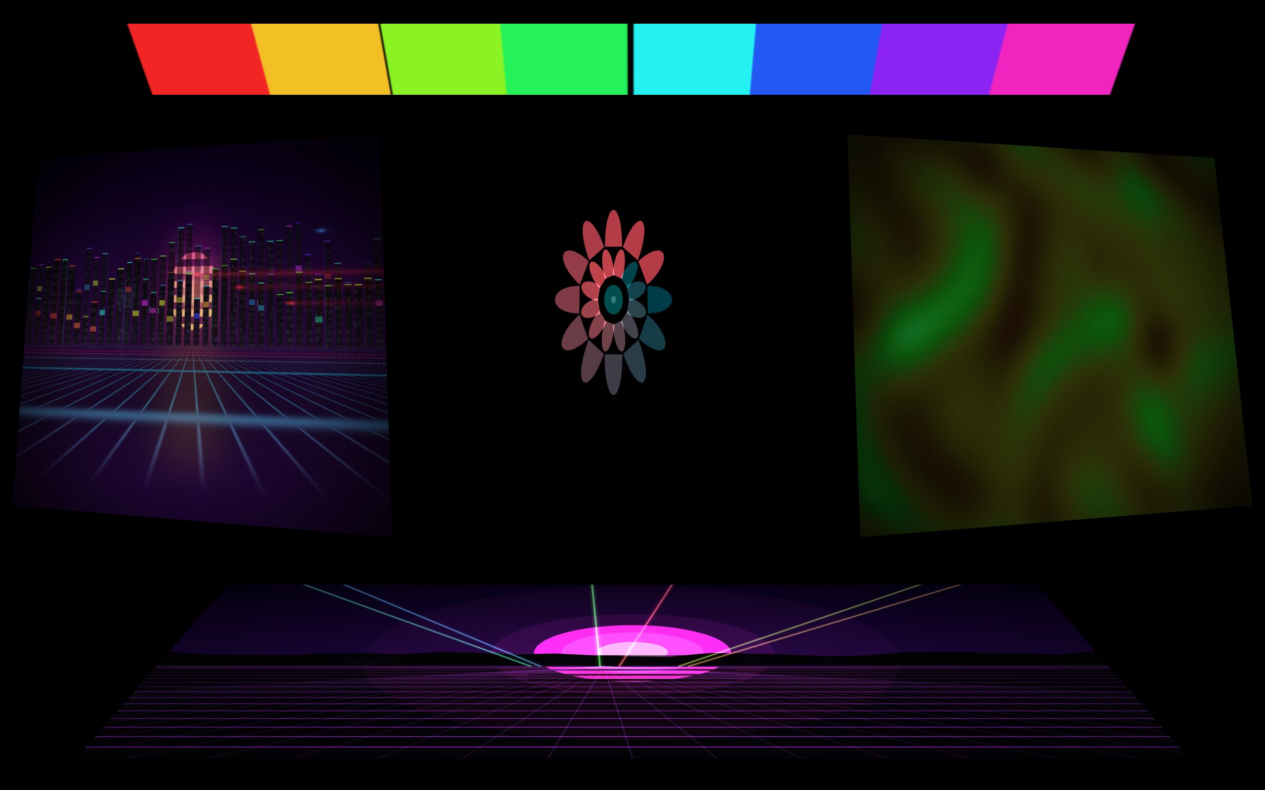 Five independently warped surfaces on the ahLOOKah output window: a colour-bar banner across the top, three wall panels each showing a different pattern, and a laser-grid floor