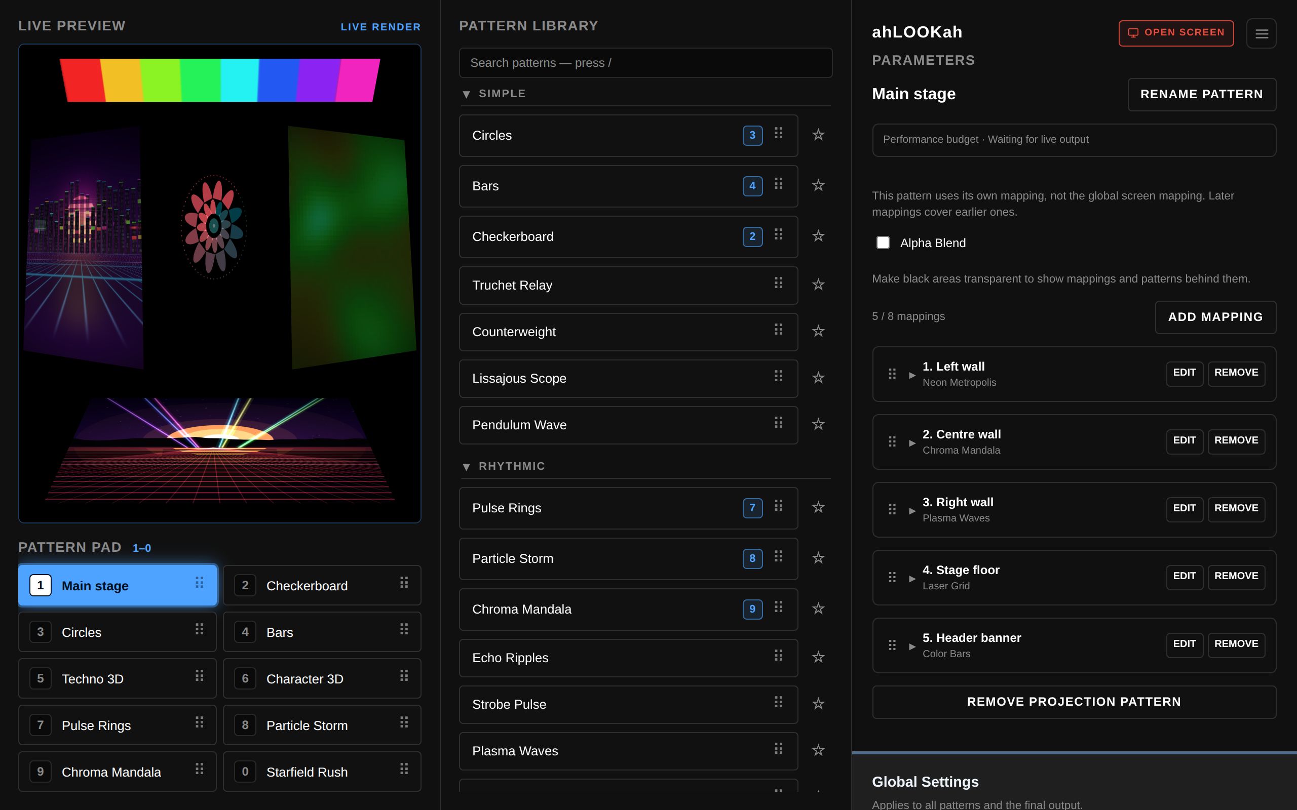 The ahLOOKah projection mapping panel showing the pattern name, the Alpha Blend checkbox, the count 5 of 8 mappings, and five named mapping rows with Edit and Remove buttons
