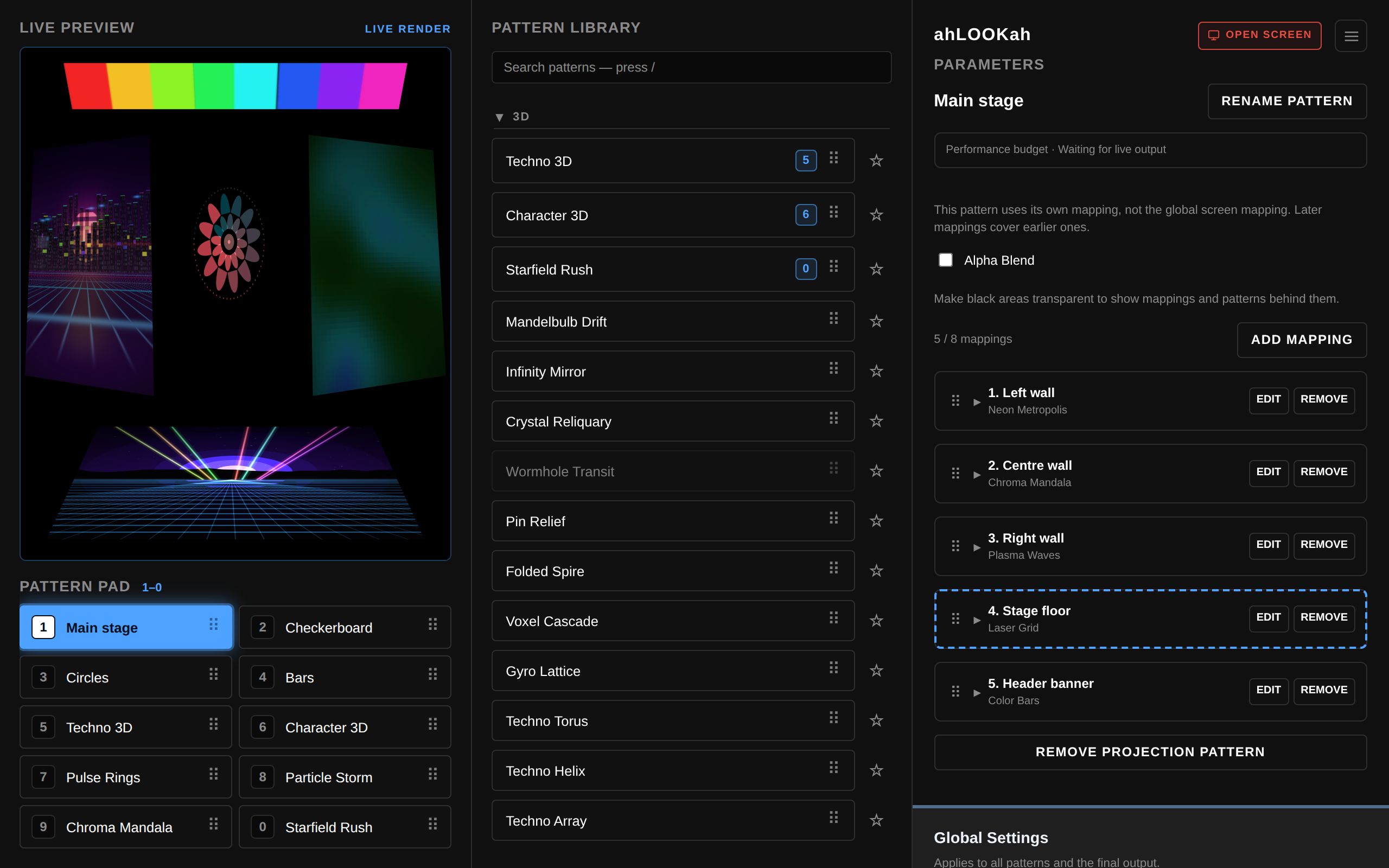 The ahLOOKah control panel with Wormhole Transit being dragged from the pattern library; the Stage floor mapping row is outlined with a dashed accent border to show it will receive the pattern