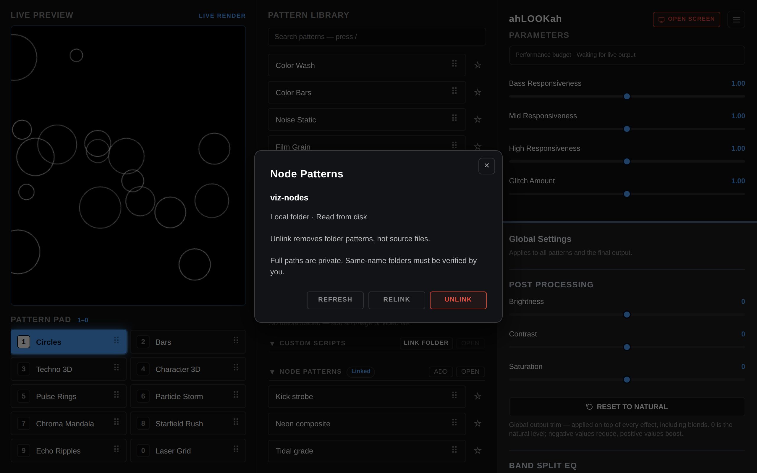 The ahLOOKah folder details dialog for a linked Node Patterns directory, with Refresh, Relink and Unlink buttons