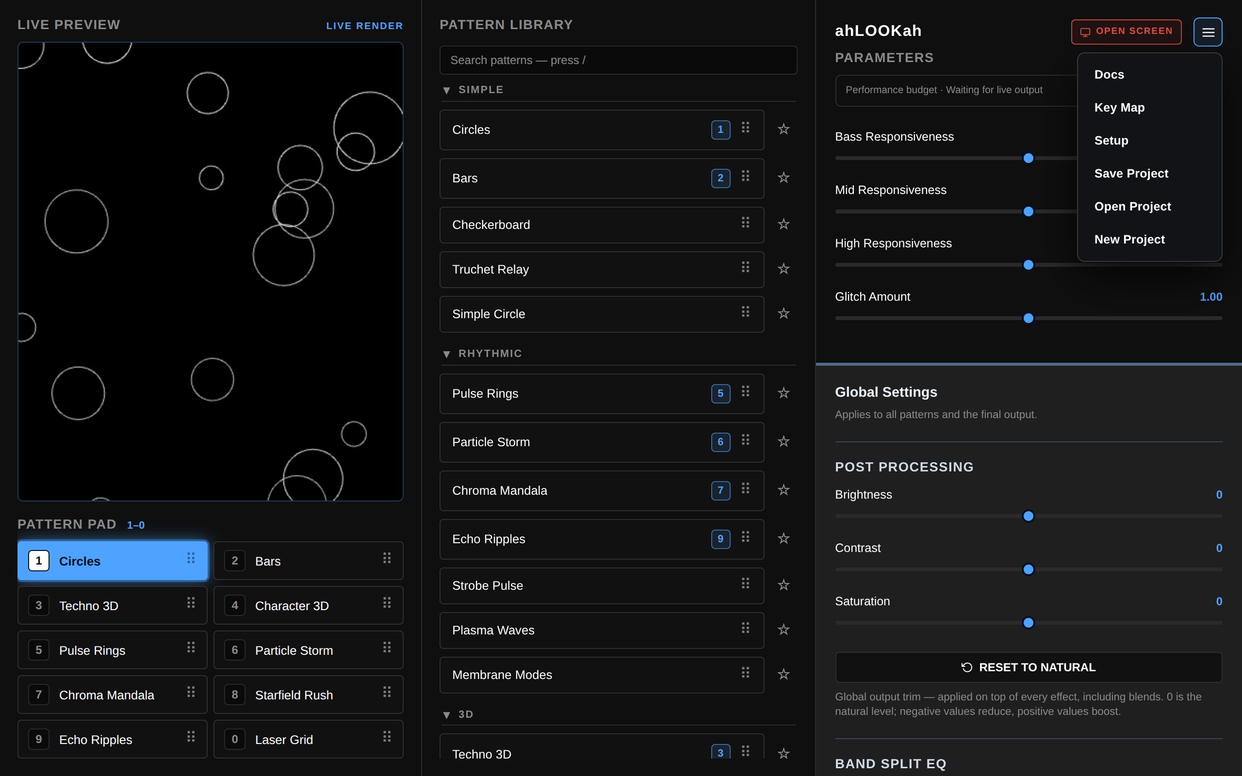 The ahLOOKah control panel with the app menu open, showing Docs, Key Map, Setup, Save Project, Open Project and New Project