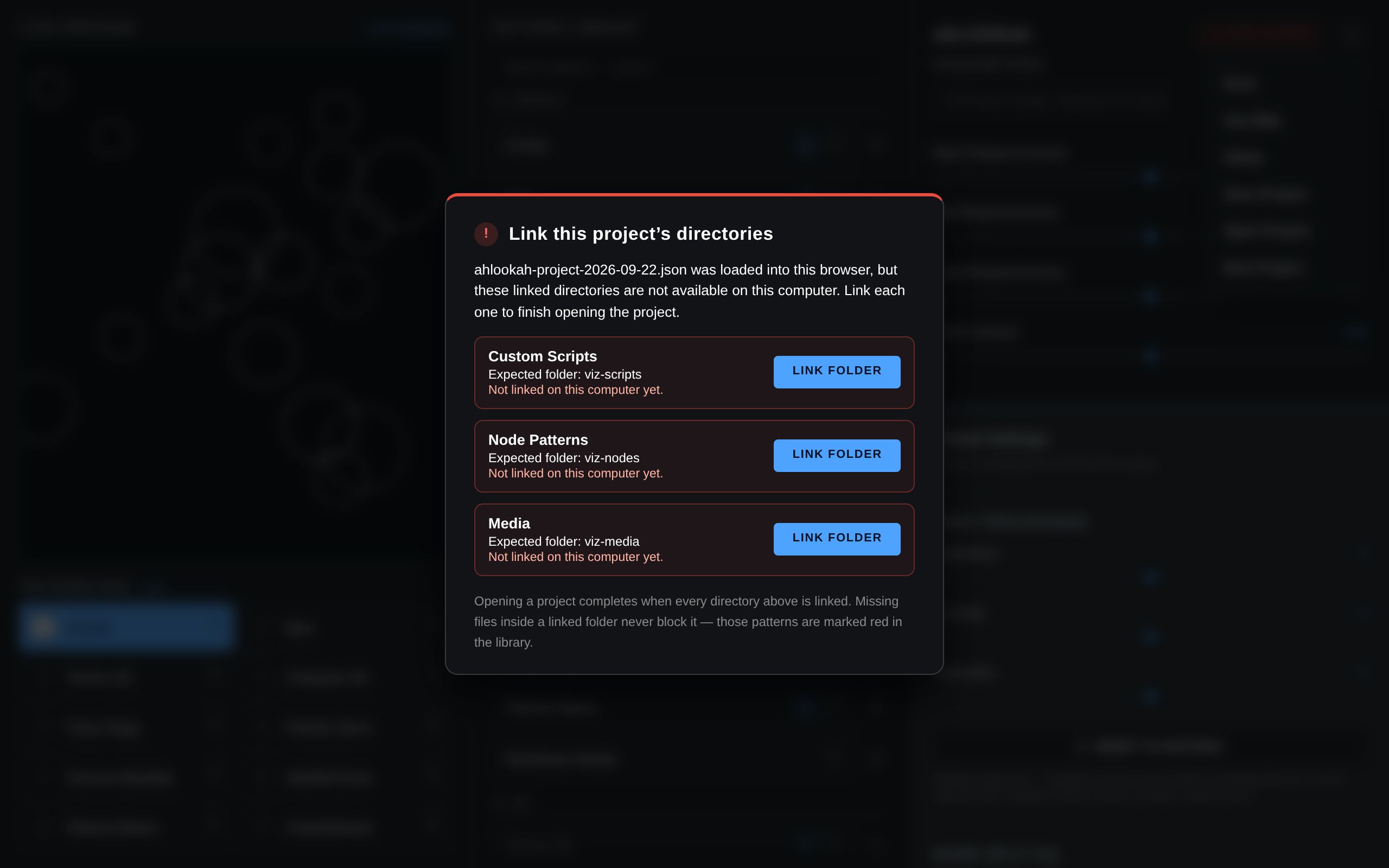 The ahLOOKah relink dialog listing the Custom Scripts, Node Patterns and Media directories a project expects, each with a Link Folder button