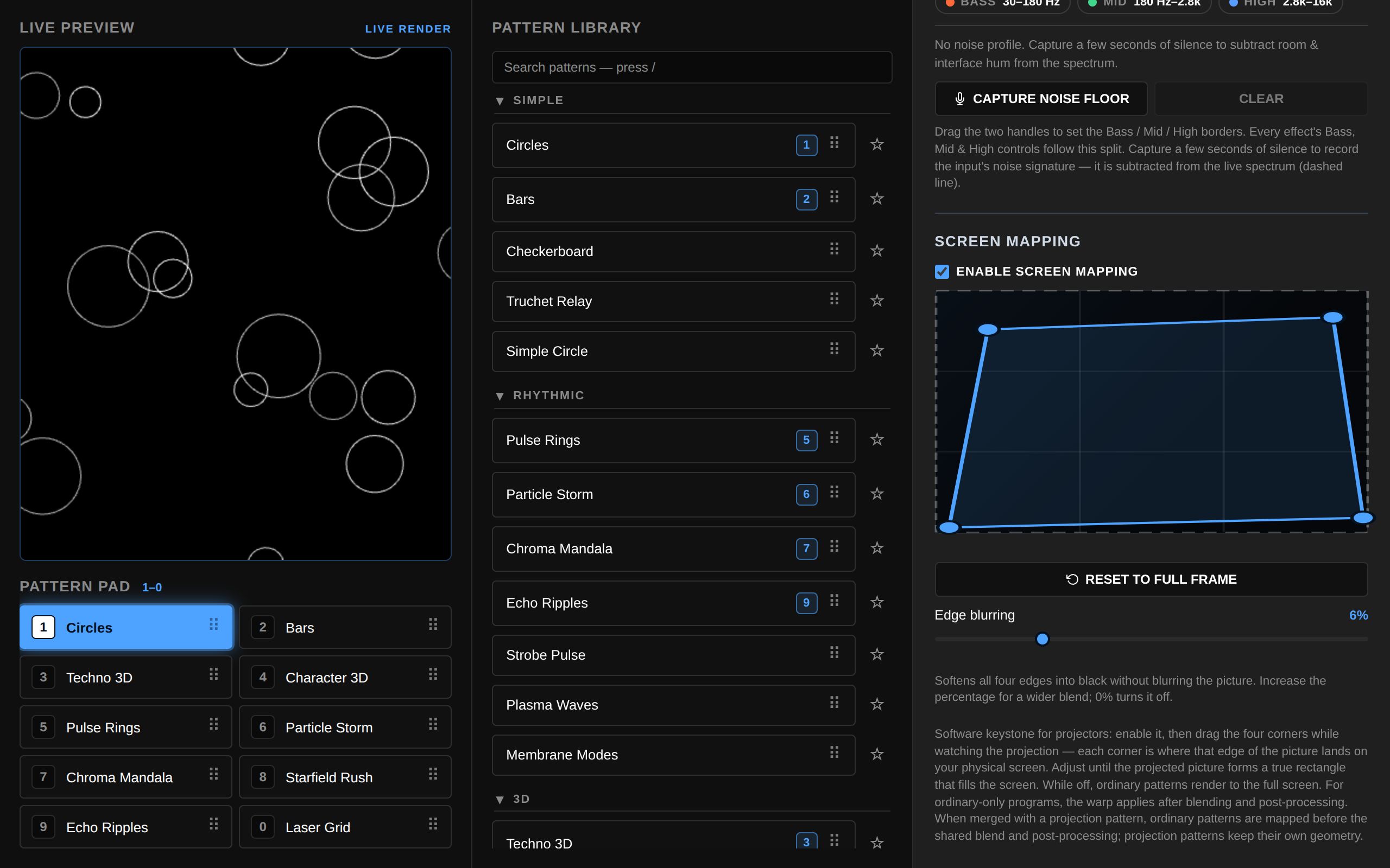 The Screen Mapping section with the enable checkbox, a warped corner editor, Reset to Full Frame, and the Edge blurring slider