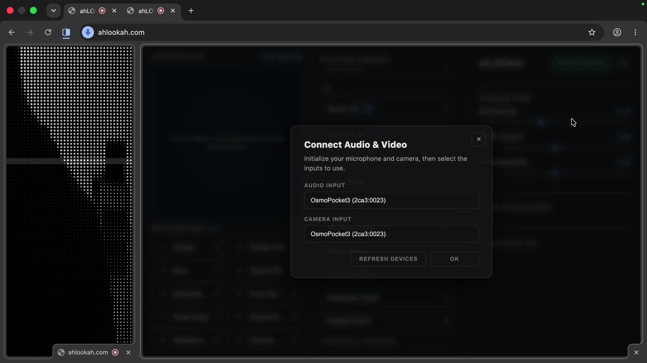 The ahLOOKah setup dialog showing audio input and camera input selectors